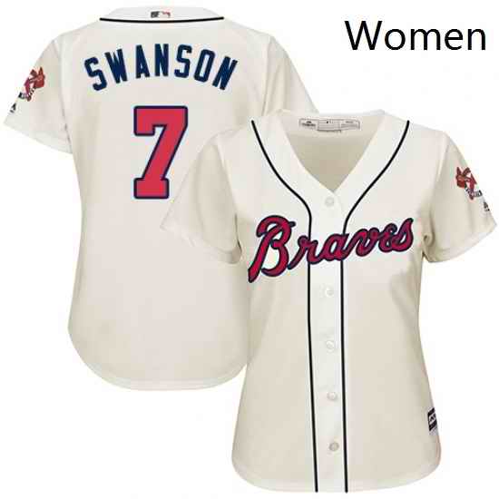 Womens Majestic Atlanta Braves 7 Dansby Swanson Replica Cream Alternate 2 Cool Base MLB Jersey